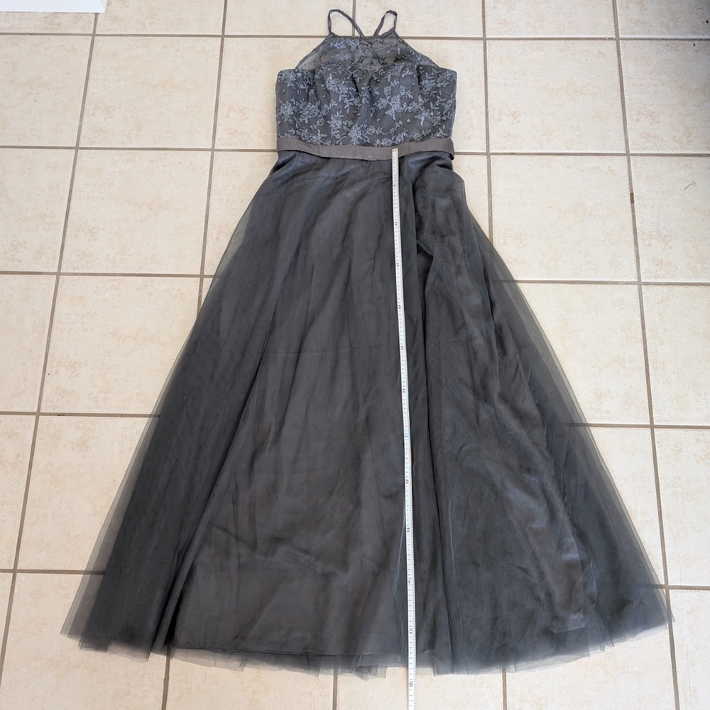 Size L/XL Beaded Grey Silver Cross-Back Mesh Boat Neck Formal Prom Dress Gown - Picture 10 of 15